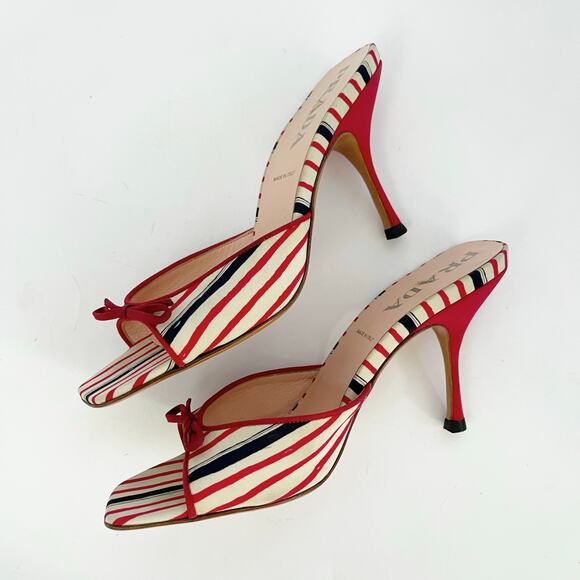 Vintage Prada Red Navy Cream Striped Bow Square Toe Slide Mules Heels IT 38.5 - Picture 5 of 11